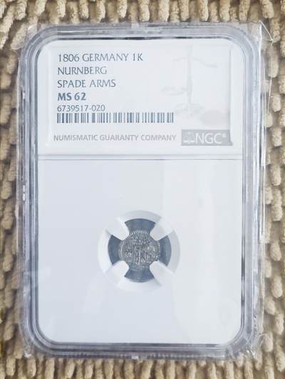 07月13日 世界币章 - 稀少品：1806年版 德国《纽伦堡 鹰徽》1芬尼 小银币 NGC MS62分