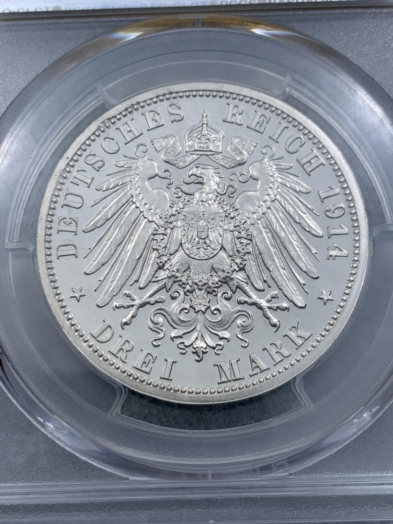 《竞宝斋》第314场 周日，周一，周二  3场连拍 （全场包邮） PCGS PR64CAM 德国1914年安哈特德绍 结婚纪念3马克精制银币 出乎意料的白净 低评了