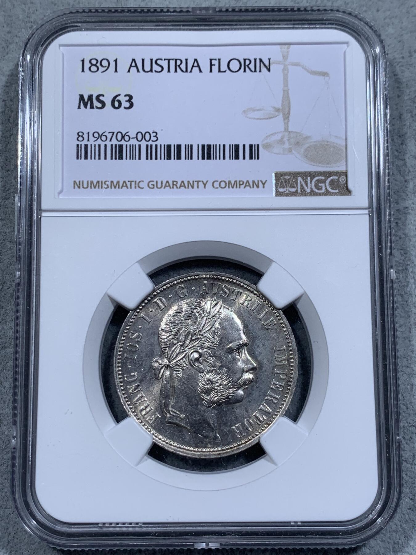《竞宝斋》第314场 周日，周一，周二  3场连拍 （全场包邮） NGC MS63 奥地利1891年弗朗西斯·约瑟夫一世1弗洛林银币