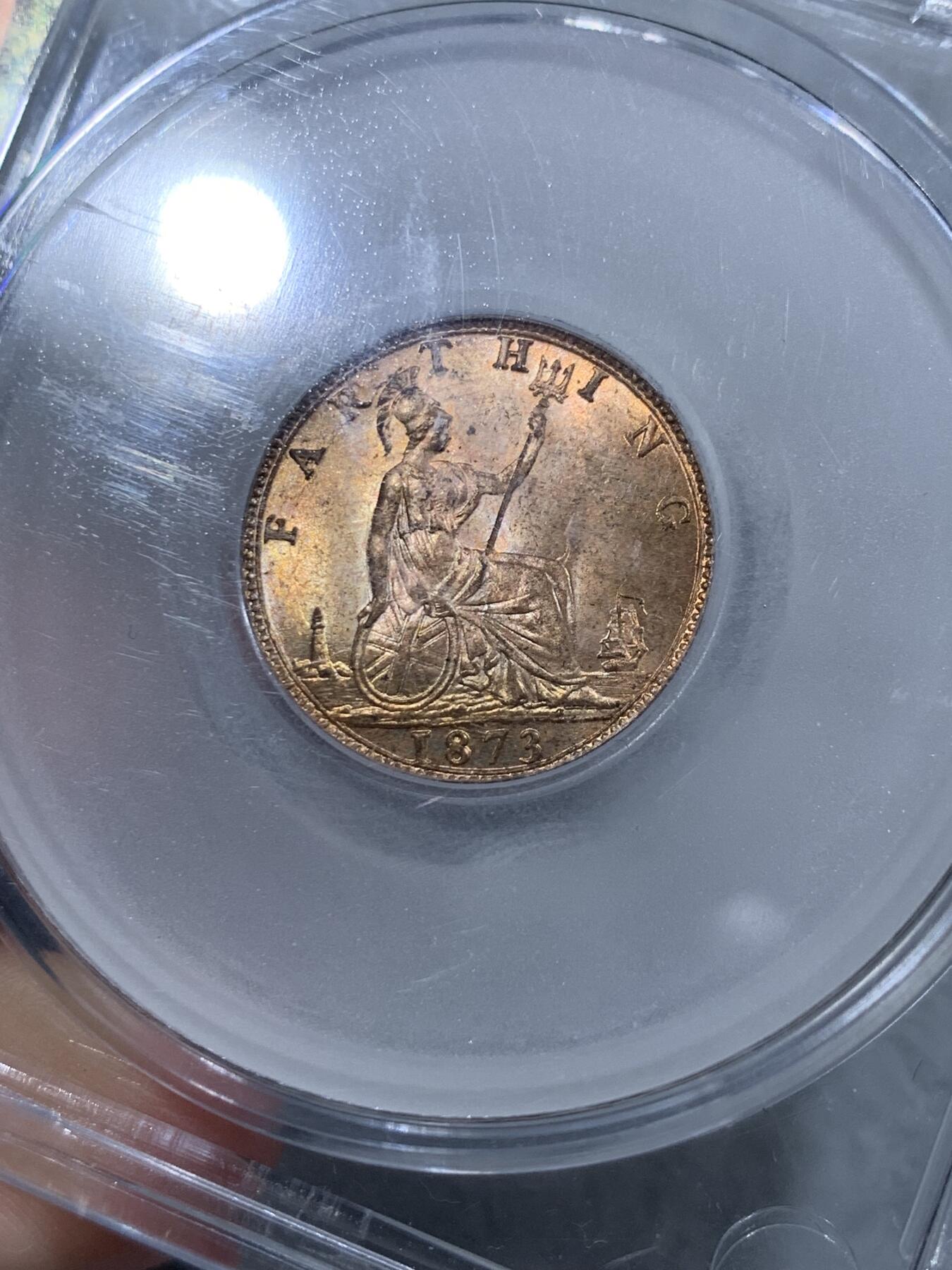 《竞宝斋》第314场 周日，周一，周二  3场连拍 （全场包邮） CGS UNC82 英国1873年维多利亚1法新，小维少妇头像，High3版。英国本土评级，对应P/N 63-64分。原光极美状态