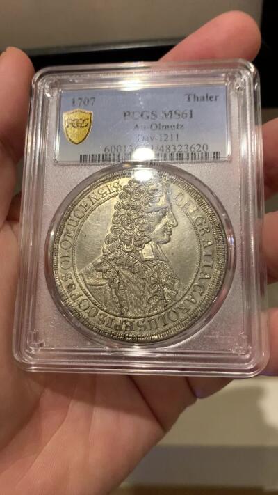《竞宝斋》第314场 周日，周一，周二  3场连拍 （全场包邮） PCGS MS61 神圣罗马帝国 1707 波西米亚王国 奥洛穆茨主教区 泰勒大银币 只发行了2年 加厚盒 高点很不错