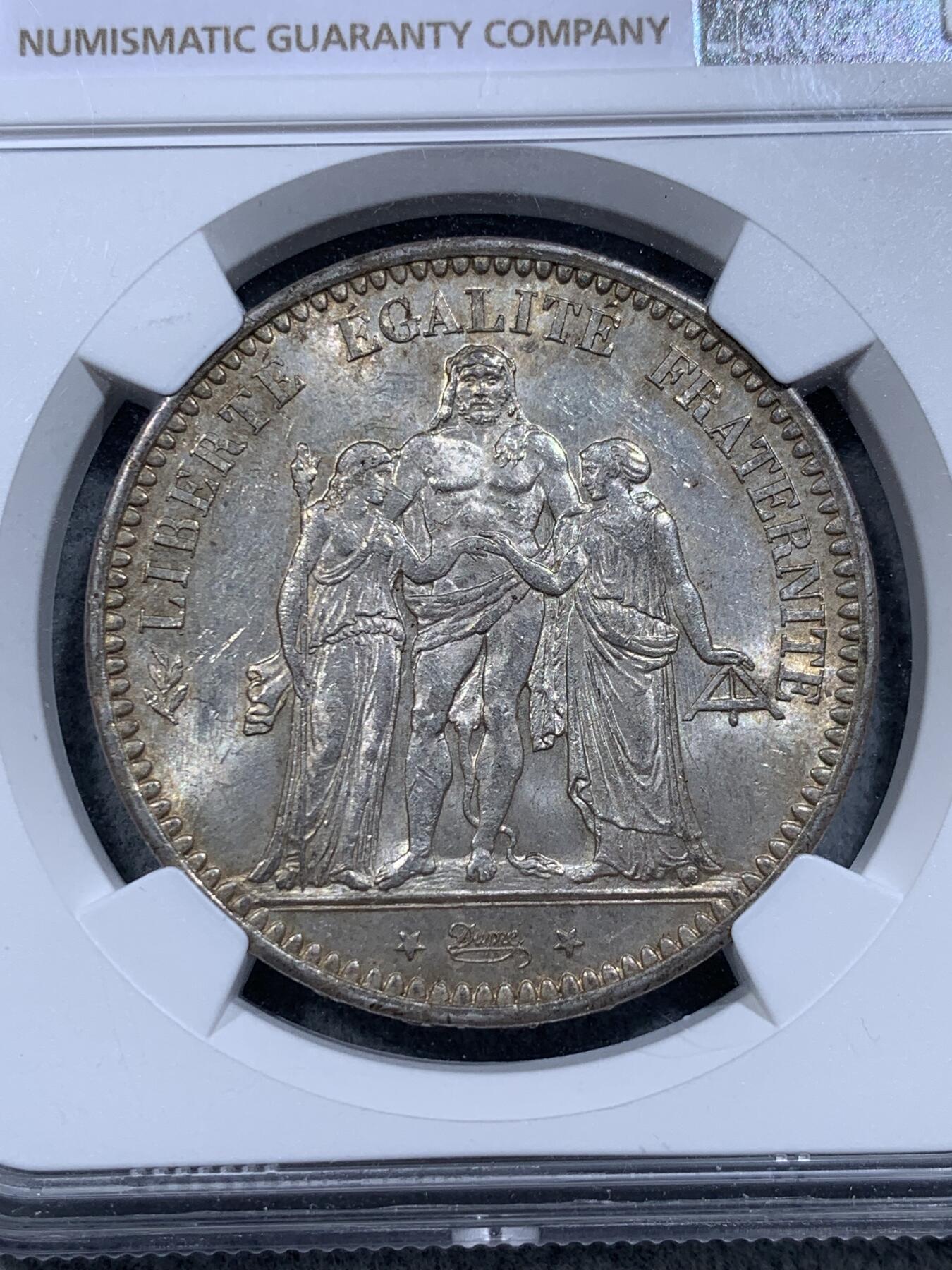 《竞宝斋》第314场 周日，周一，周二  3场连拍 （全场包邮） NGC MS63 法国1873年大力神5法郎银币