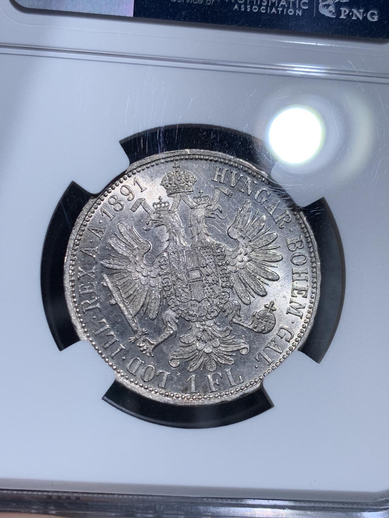 《竞宝斋》第314场 周日，周一，周二  3场连拍 （全场包邮） NGC MS63 奥地利1891年弗朗西斯·约瑟夫一世1弗洛林银币
