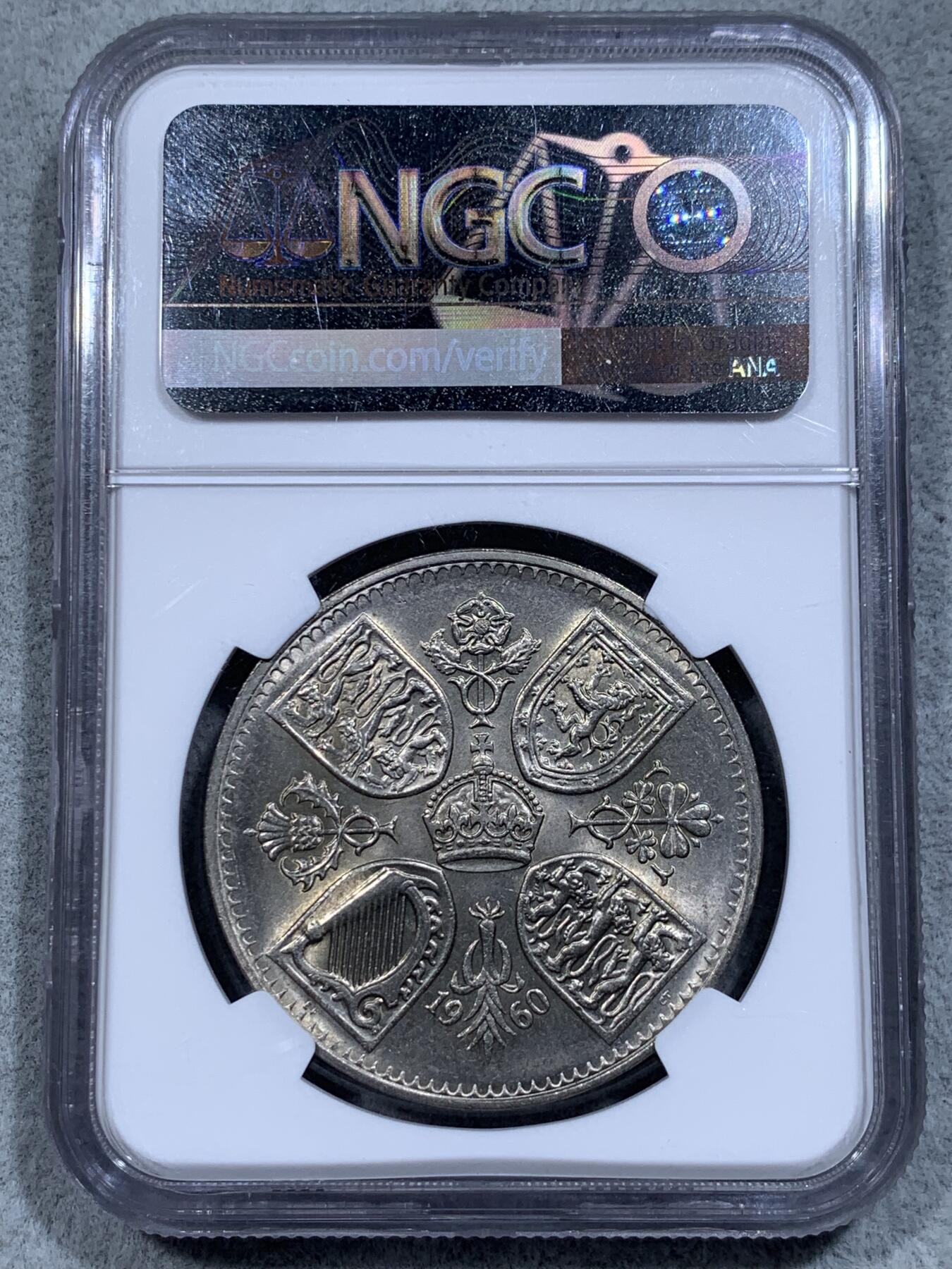 《竞宝斋》第314场 周日，周一，周二  3场连拍 （全场包邮） NGC MS64 英国1960年伊丽莎白二世克朗币 品相好打制极佳转光强