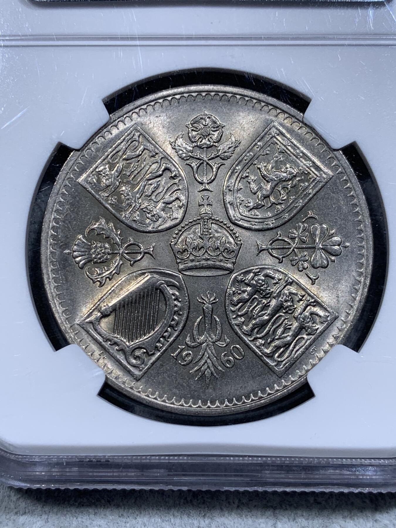 《竞宝斋》第314场 周日，周一，周二  3场连拍 （全场包邮） NGC MS64 英国1960年伊丽莎白二世克朗币 品相好打制极佳转光强