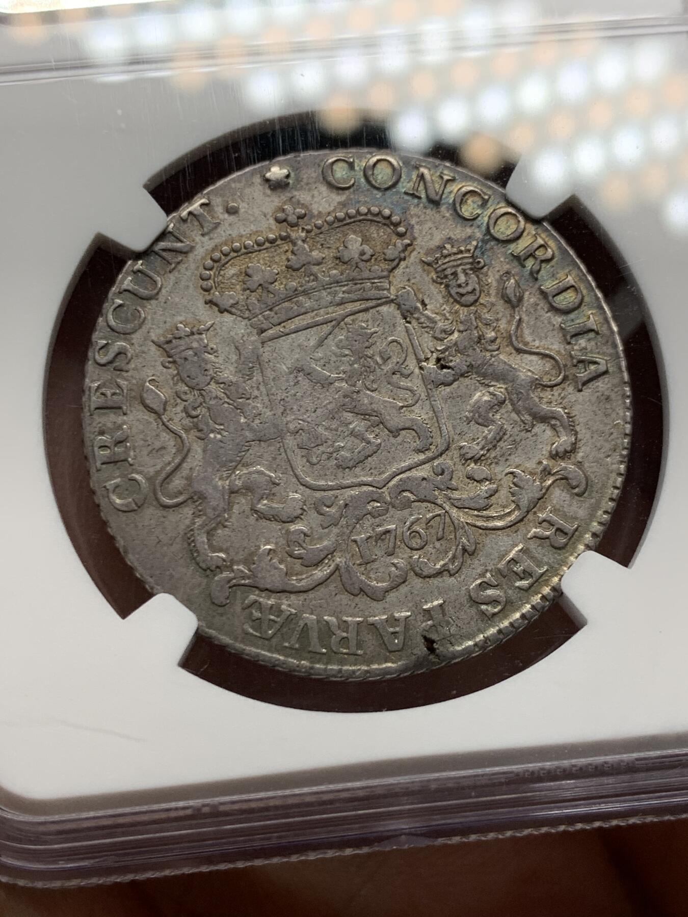 《竞宝斋》第314场 周日，周一，周二  3场连拍 （全场包邮） NGC AU53 荷兰 1767年 荷兰省 1/2杜卡特马健银币 比较少的省 味道相当不错