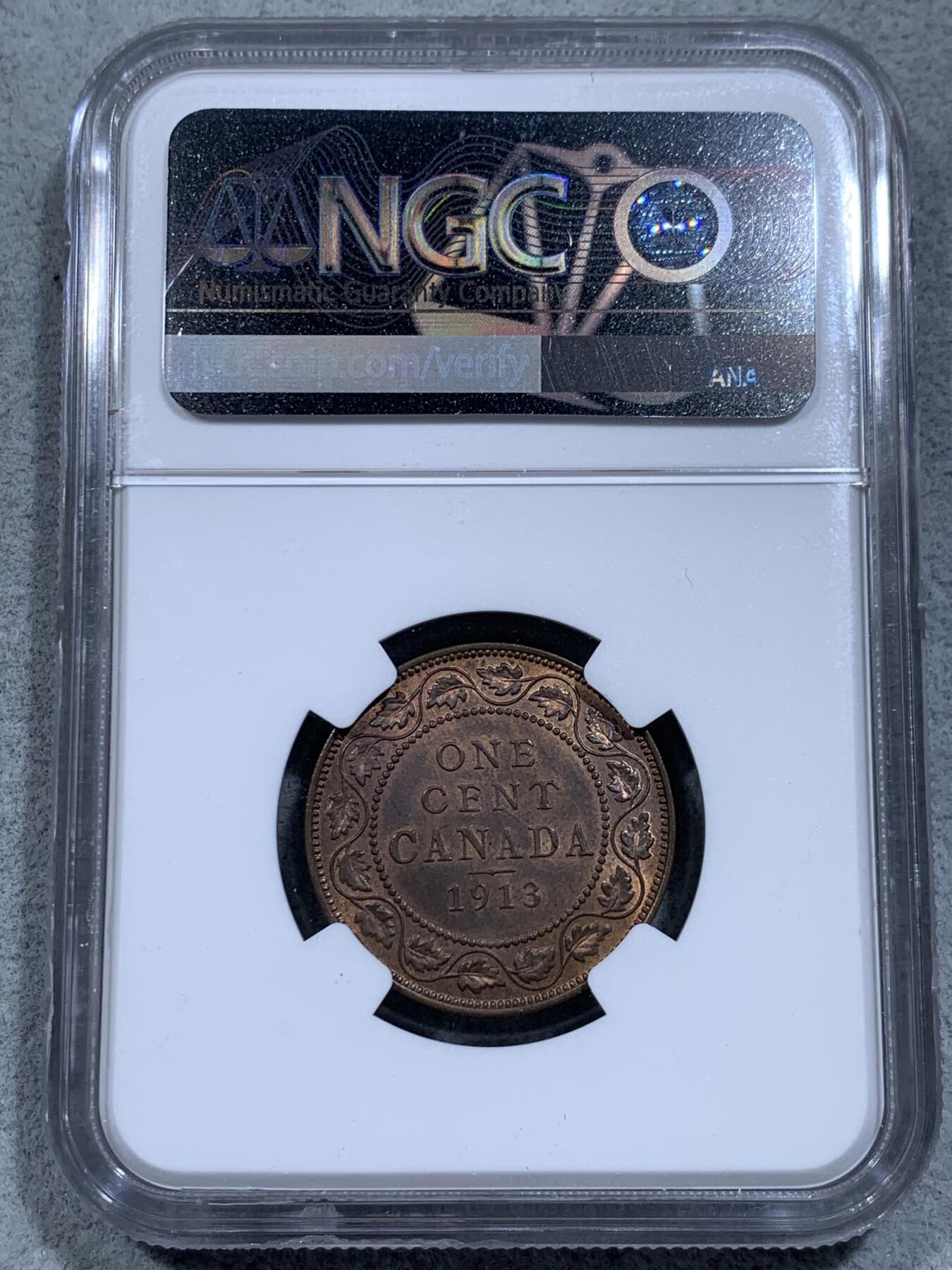 《竞宝斋》第314场 周日，周一，周二  3场连拍 （全场包邮） NGC MS64RB 加拿大1913年乔治五世1分铜币，早期大版。不多见的品种。63分克书价80美元，此枚64RB，收藏级高分
