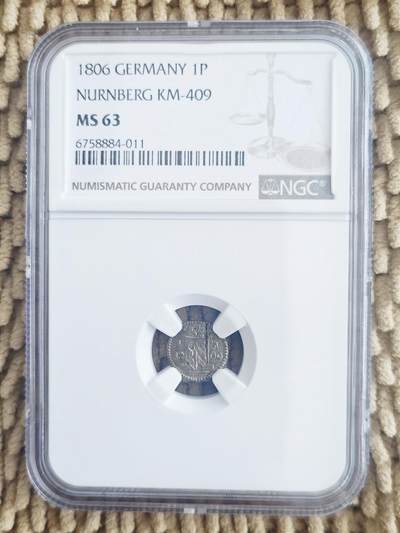 07月13日 世界币章 - 稀少品：1806年版 德国《纽伦堡》1芬尼 单面小银币 NGC MS63分