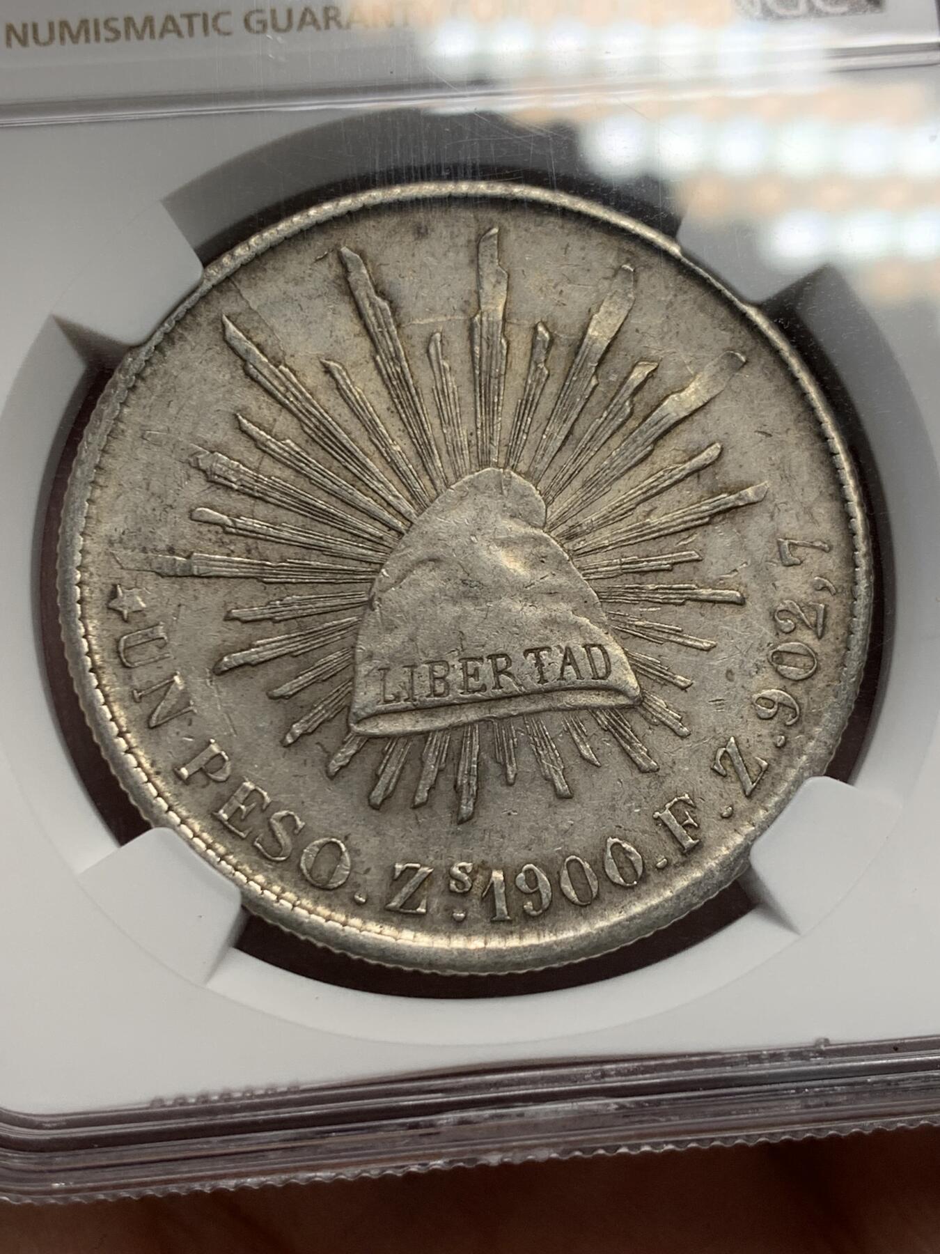 《竞宝斋》第314场 周日，周一，周二  3场连拍 （全场包邮） NGC AU58 墨西哥 1900 ZS 直边鹰洋银币 淡彩包浆