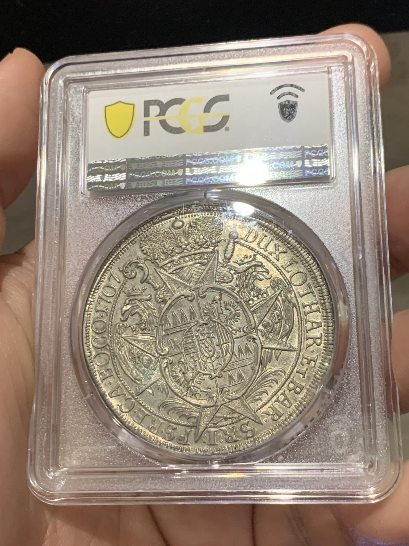 《竞宝斋》第314场 周日，周一，周二  3场连拍 （全场包邮） PCGS MS61 神圣罗马帝国 1707 波西米亚王国 奥洛穆茨主教区 泰勒大银币 只发行了2年 加厚盒 高点很不错