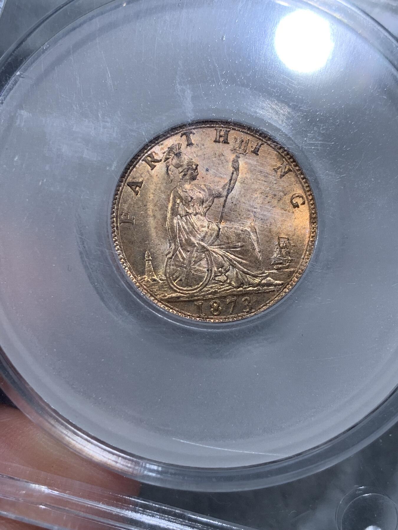 《竞宝斋》第314场 周日，周一，周二  3场连拍 （全场包邮） CGS UNC82 英国1873年维多利亚1法新，小维少妇头像，High3版。英国本土评级，对应P/N 63-64分。原光极美状态