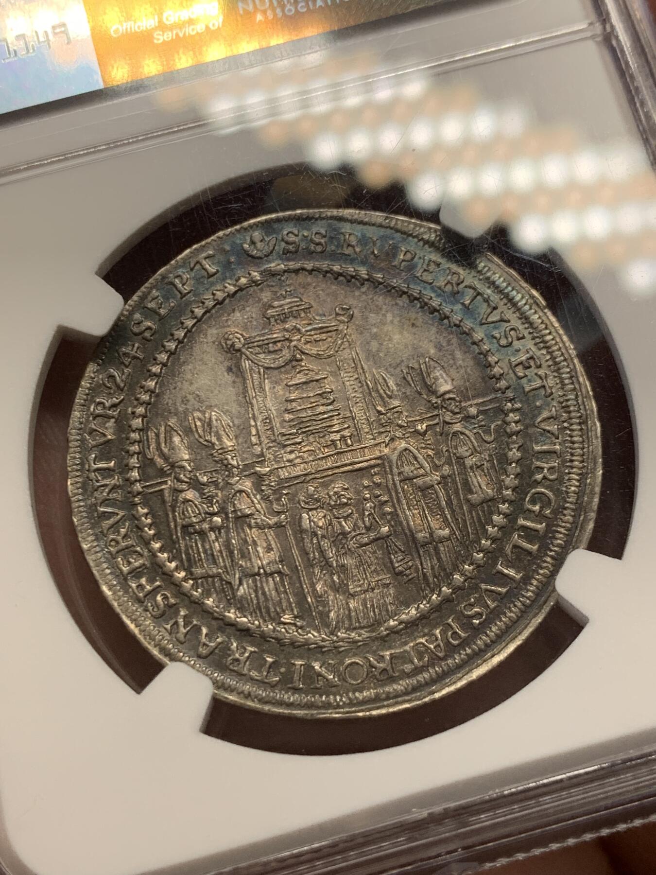《竞宝斋》第314场 周日，周一，周二  3场连拍 （全场包邮） NGC MS62 神圣罗马帝国萨尔茨堡 1628年 1/2泰勒 银币 稀少高分，神罗泰勒中的名誉品之一 俗称圣人抬棺银币。棺中相传为纯金版《摩西十诫》。醇美原味包浆。