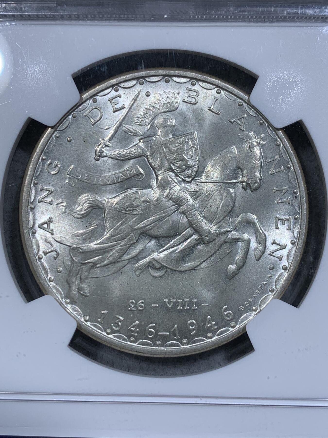 《竞宝斋》第314场 周日，周一，周二  3场连拍 （全场包邮） NGC MS65 卢森堡1946年盲人约翰战死600周年纪念100法朗马剑银币，直径37毫米，重25克，835银，发行量100100枚。