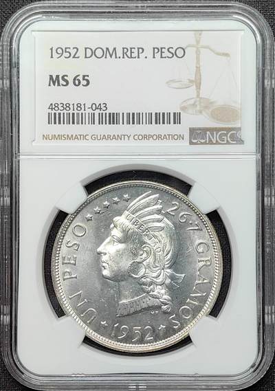 第38期钱币微拍 小精品场 全场顺丰包邮 - NGC MS65 多米尼加共和国 1952年 1比索银币 高银版 收藏级品质