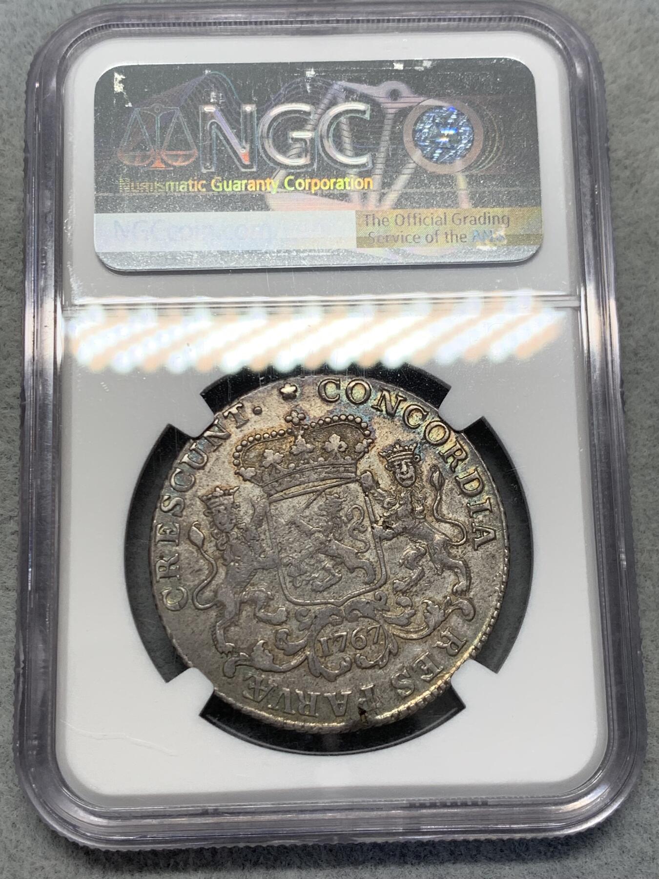《竞宝斋》第314场 周日，周一，周二  3场连拍 （全场包邮） NGC AU53 荷兰 1767年 荷兰省 1/2杜卡特马健银币 比较少的省 味道相当不错