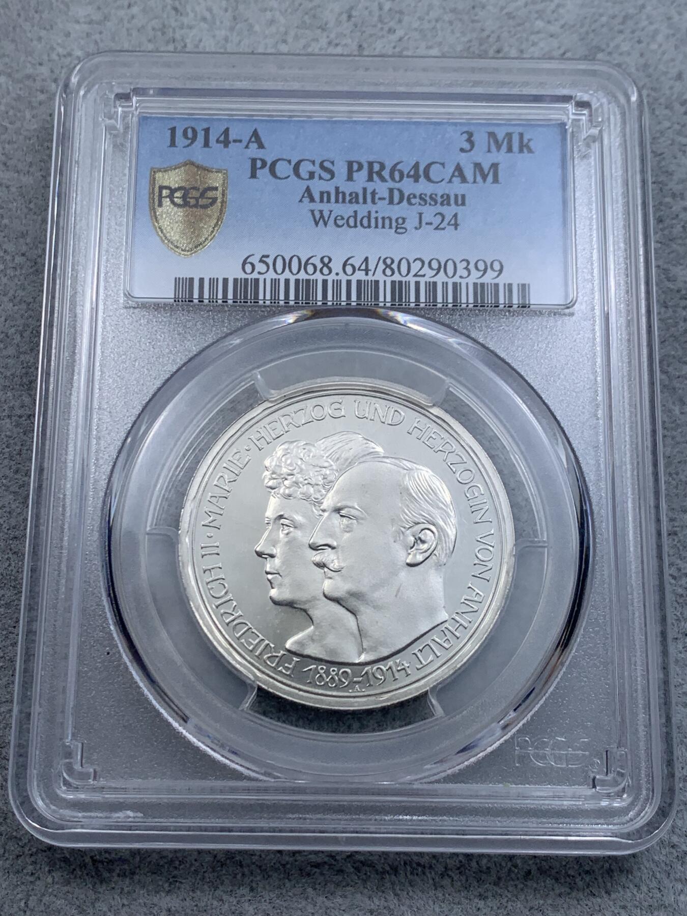 《竞宝斋》第314场 周日，周一，周二  3场连拍 （全场包邮） PCGS PR64CAM 德国1914年安哈特德绍 结婚纪念3马克精制银币 出乎意料的白净 低评了
