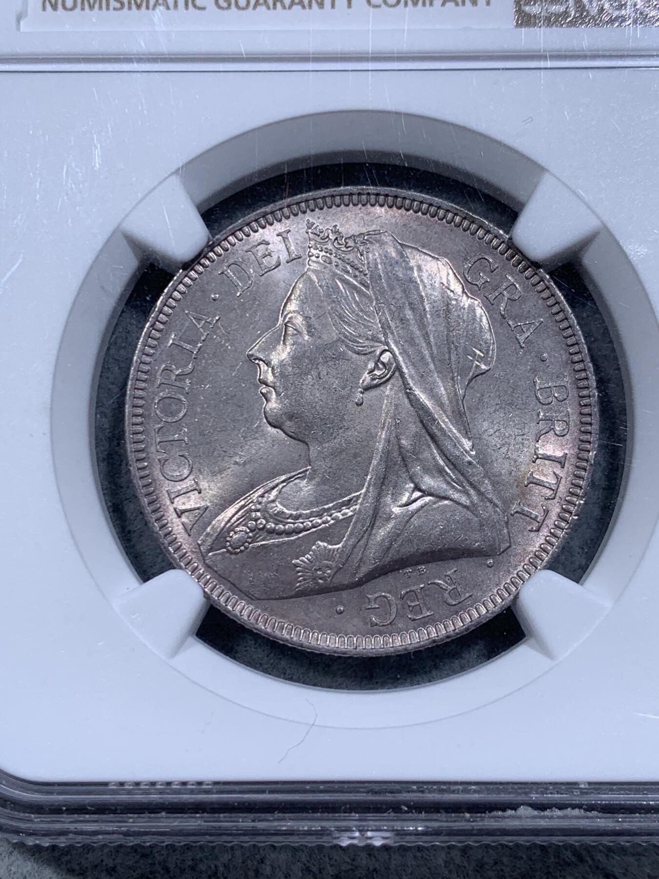 《竞宝斋》第314场 周日，周一，周二  3场连拍 （全场包邮） NGC MS62 英国 1893年 维多利亚 半克朗 银币