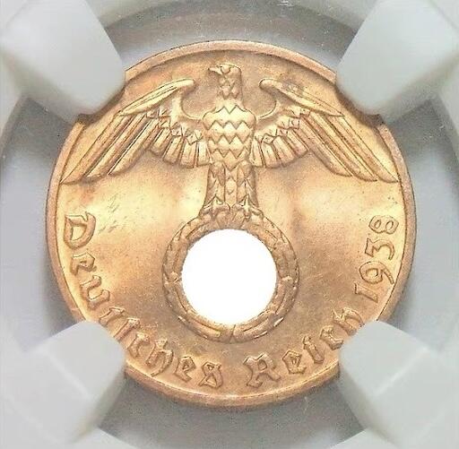 NGC MS64RD 德国第三帝国1938年F版1芬尼 难得开卷原光