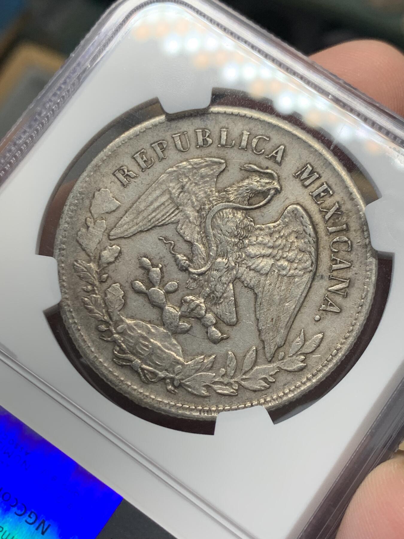 《竞宝斋》第314场 周日，周一，周二  3场连拍 （全场包邮） NGC AU58 墨西哥 1900 ZS 直边鹰洋银币 淡彩包浆