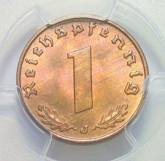 金盾PCGS MS65RB 德国第三帝国1938年J版1芬尼 难得开卷原光   