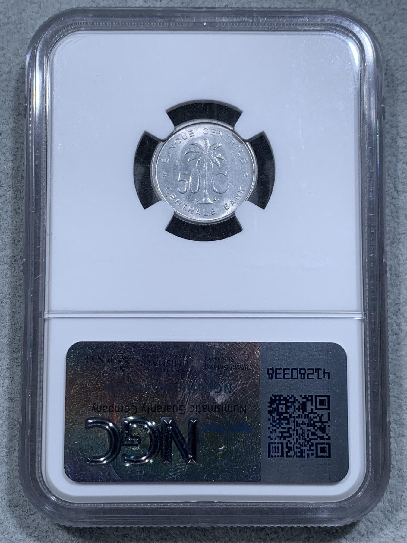 《竞宝斋》第314场 周日，周一，周二  3场连拍 （全场包邮） NGC MS65 高分特年！ 1954比属刚果50分铝币 1954只有1955发行量的1/5 铝币好品更是凤毛麟角 这枚65分两面爆光品相 可遇不可求 椰树图案非常经典