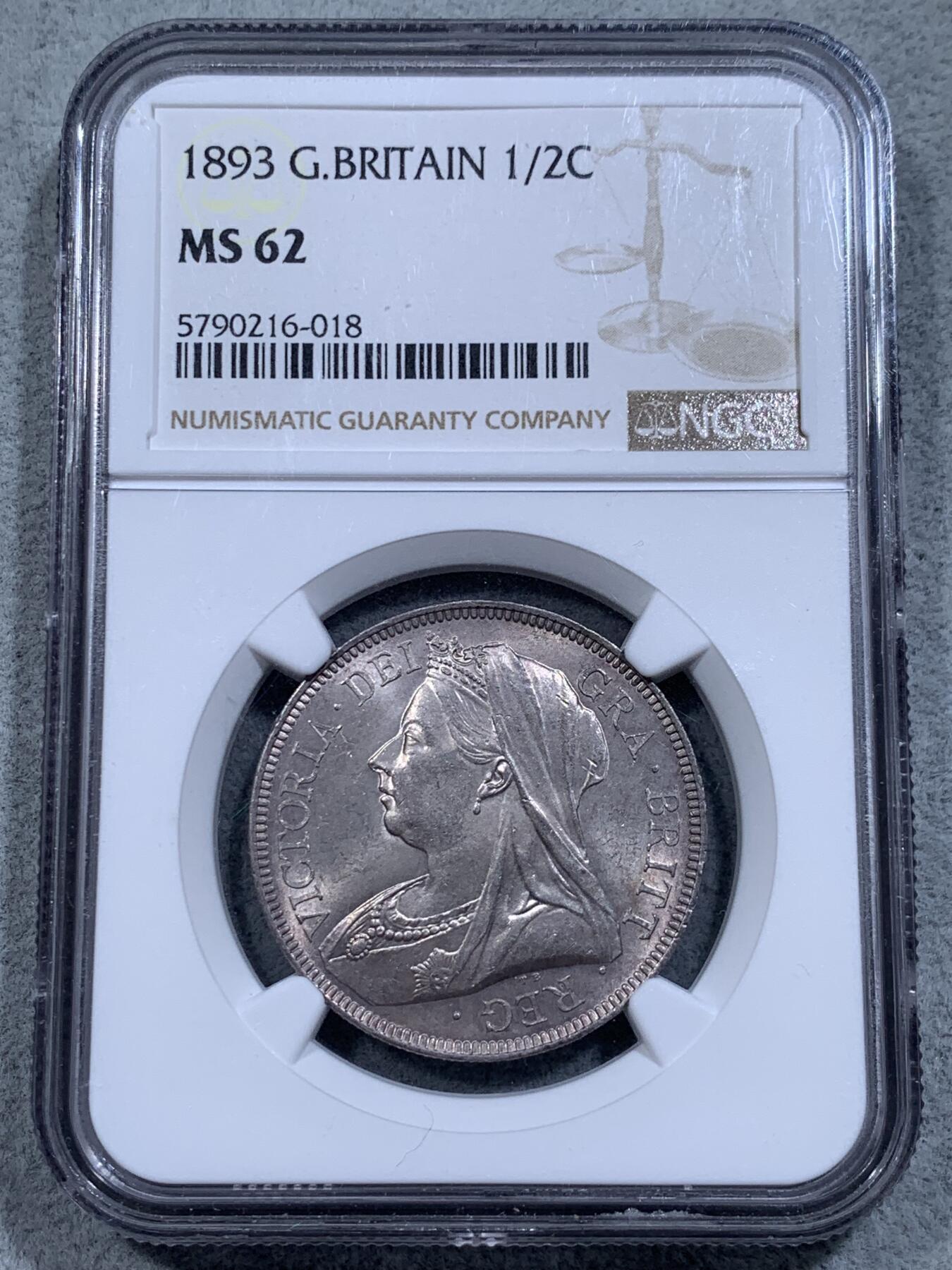 《竞宝斋》第314场 周日，周一，周二  3场连拍 （全场包邮） NGC MS62 英国 1893年 维多利亚 半克朗 银币