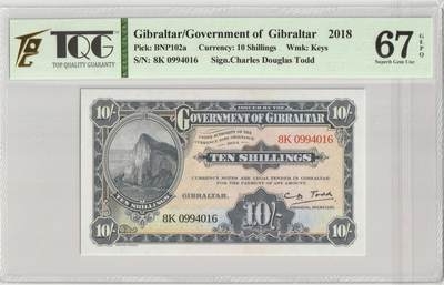 PThappally收藏第42次拍卖，英联邦地区硬币纸币 - 直布罗陀 GIBRALTAR, Government of Gibraltar 2018 - 10 Shillings, Pick 41 NS# 8K 0994016 TQG 67 GEPQ Superb Gem UNC