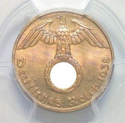 金盾PCGS MS65RB 德国第三帝国1938年J版1芬尼 难得开卷原光    - 金盾PCGS MS65RB 德国第三帝国1938年J版1芬尼 难得开卷原光   