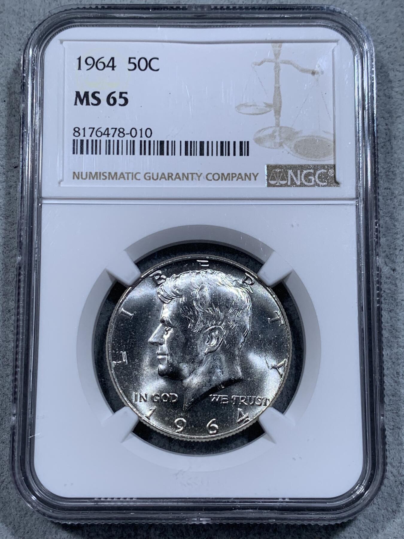 《竞宝斋》第314场 周日，周一，周二  3场连拍 （全场包邮） NGC MS65 美国1964年高银版肯尼迪半美元银币，高分状态好。
