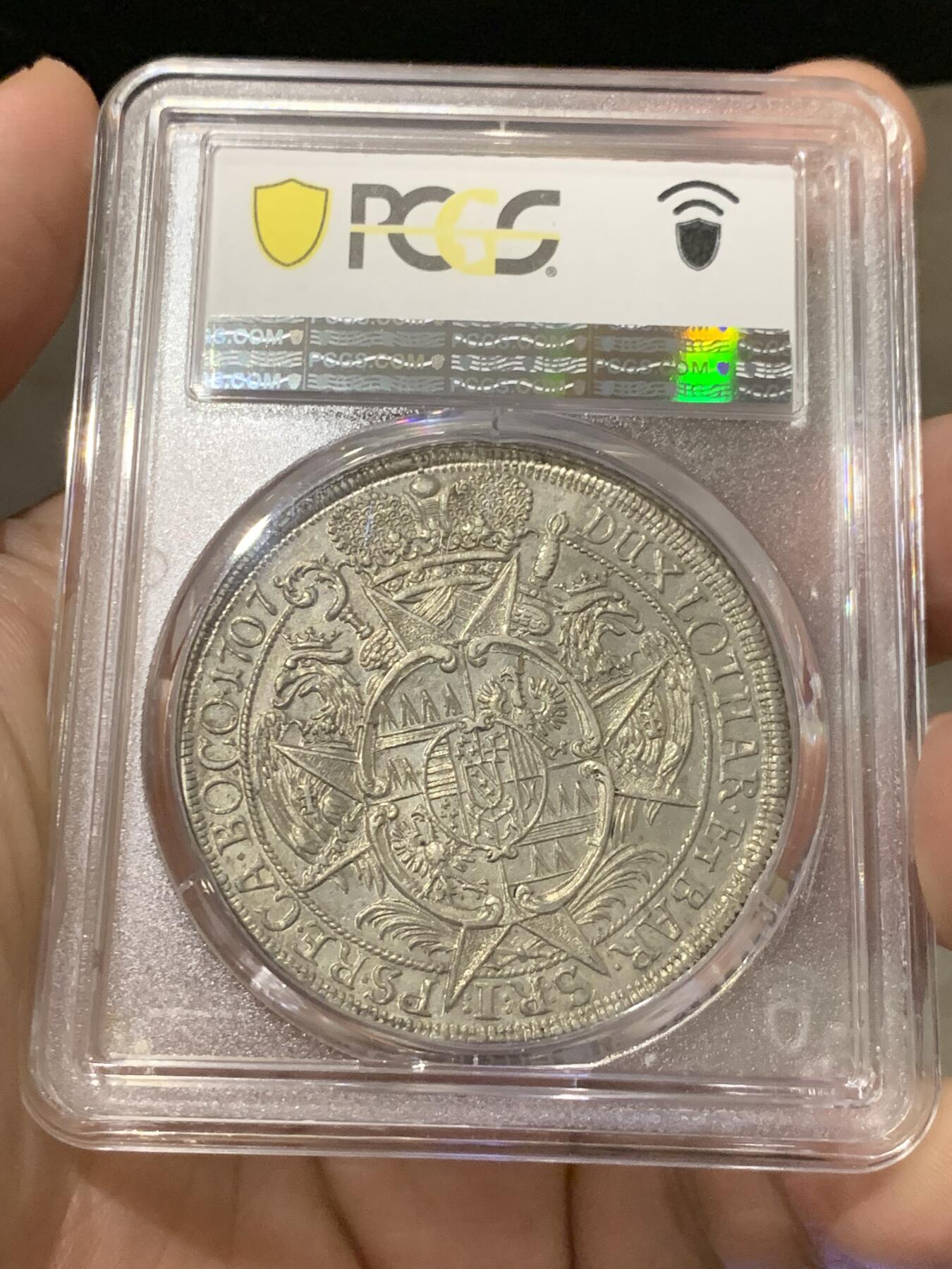 《竞宝斋》第314场 周日，周一，周二  3场连拍 （全场包邮） PCGS MS61 神圣罗马帝国 1707 波西米亚王国 奥洛穆茨主教区 泰勒大银币 只发行了2年 加厚盒 高点很不错