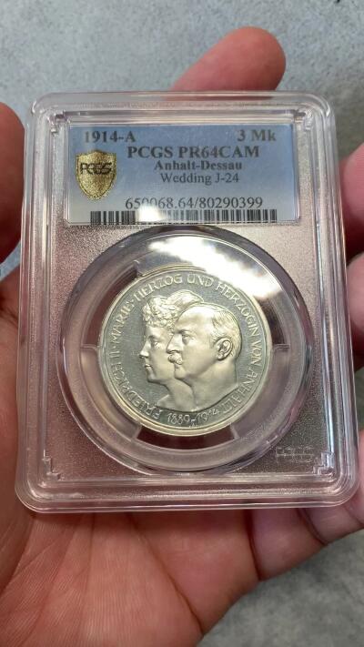 《竞宝斋》第314场 周日，周一，周二  3场连拍 （全场包邮） PCGS PR64CAM 德国1914年安哈特德绍 结婚纪念3马克精制银币 出乎意料的白净 低评了
