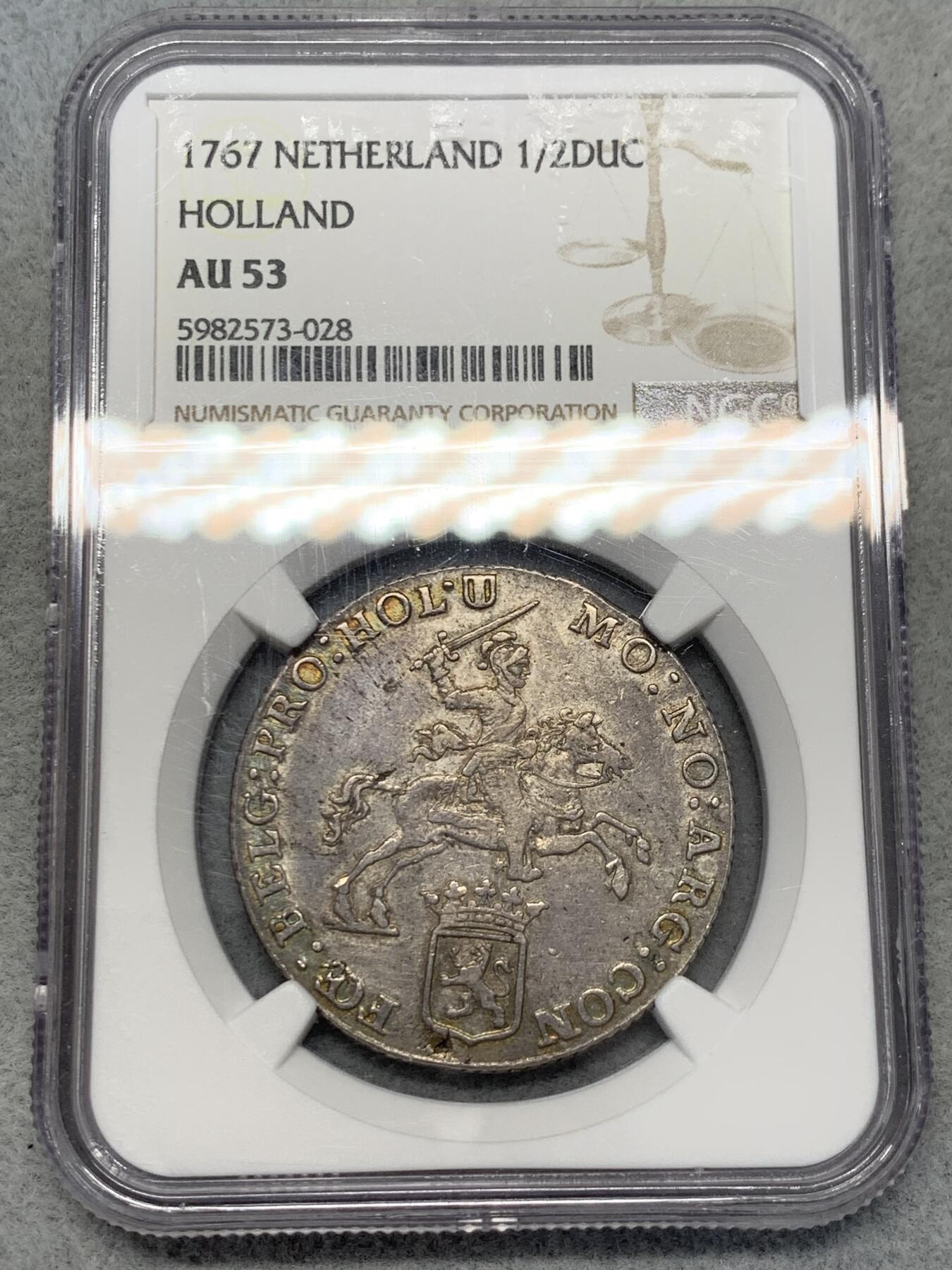 《竞宝斋》第314场 周日，周一，周二  3场连拍 （全场包邮） NGC AU53 荷兰 1767年 荷兰省 1/2杜卡特马健银币 比较少的省 味道相当不错