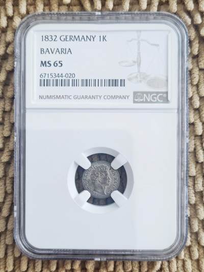 10月04日 币章邮（罕珍稀） - 稀品：德国 巴伐利亚 1832年版 1克鲁泽 小银币 NGC MS65分