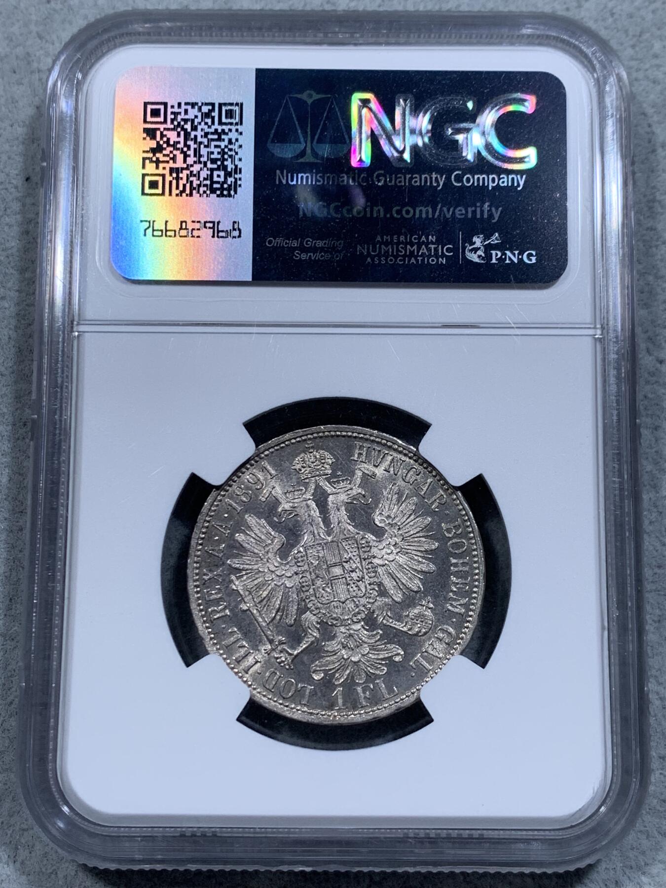 《竞宝斋》第314场 周日，周一，周二  3场连拍 （全场包邮） NGC MS63 奥地利1891年弗朗西斯·约瑟夫一世1弗洛林银币