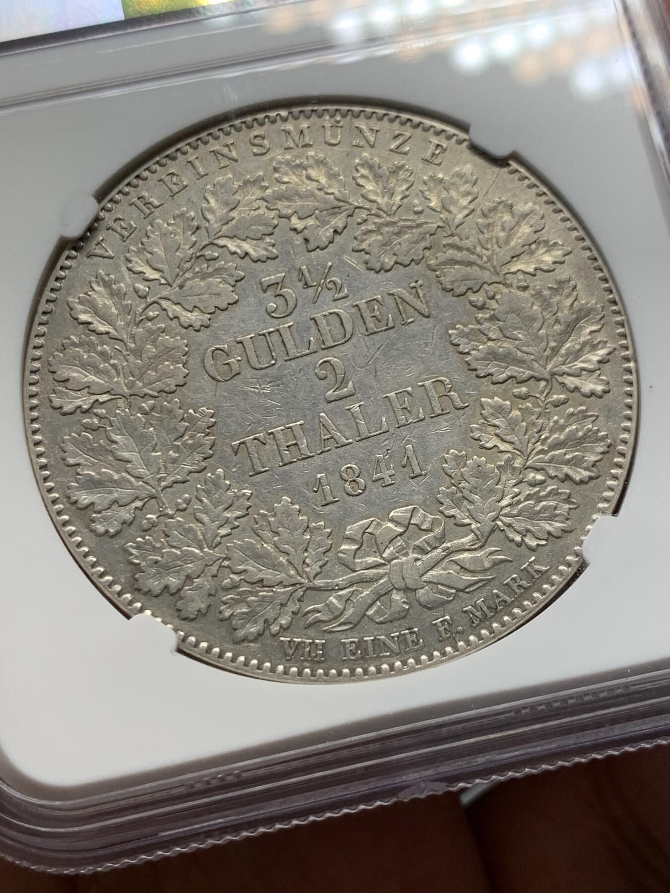 《竞宝斋》第314场 周日，周一，周二  3场连拍 （全场包邮） NGC AUD 德国 1841 法兰克福 景观 2泰勒 大银币 上涨品种