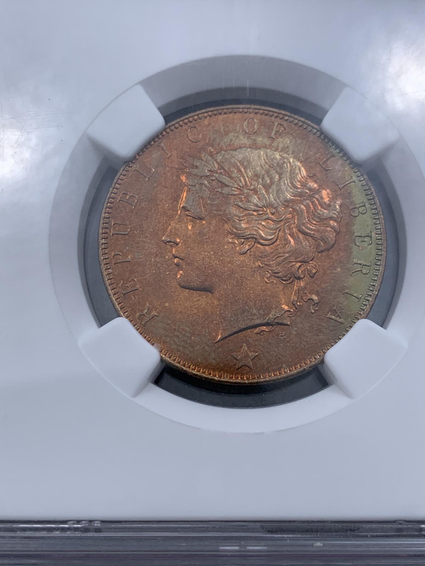 《竞宝斋》第314场 周日，周一，周二  3场连拍 （全场包邮） NGC MS66RB 利比里亚1896年1分铜币