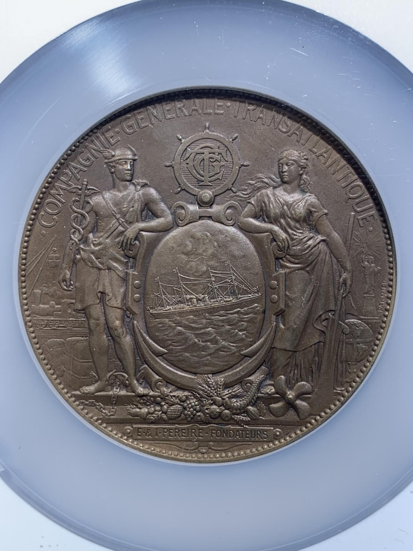 《竞宝斋》第314场 周日，周一，周二  3场连拍 （全场包邮） NGC MS63BN 法国1905大西洋邮政公司大铜章 构图饱满细腻 加厚加大盒 68mm超大规格
