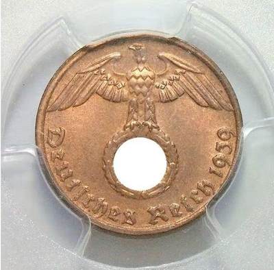 金盾PCGS MS65RB 德国第三帝国1939年G版1芬尼 难得开卷原光 - 金盾PCGS MS65RB 德国第三帝国1939年G版1芬尼 难得开卷原光