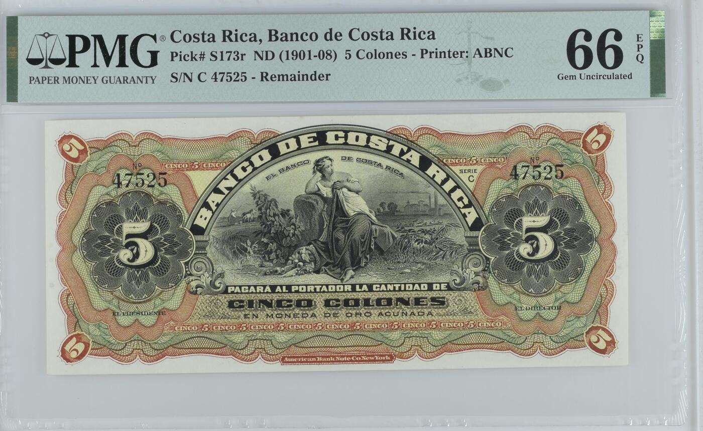 收藏联盟Quantum Auction 第382期拍卖  哥斯达黎加ND (1901-08)年5克朗 PMG66 