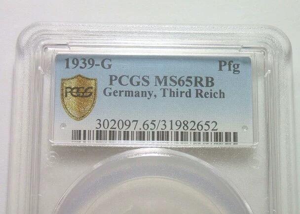 金盾PCGS MS65RB 德国第三帝国1939年G版1芬尼 难得开卷原光