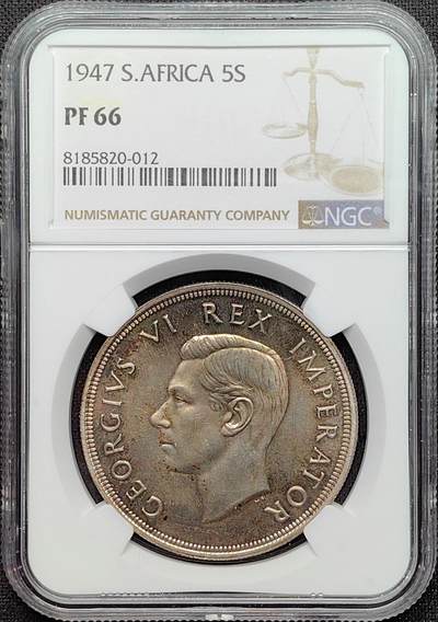 第38期钱币微拍 小精品场 全场顺丰包邮 - NGC PF66 英属南非 1947年 乔治六世 5先令银币 克朗 高银版 绒布包浆 单独版本 铸造量5600枚 此年无PL版本
