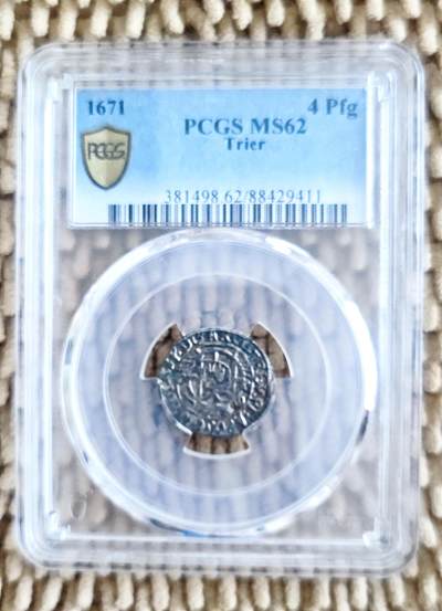 07月21日  🌏全球币章 - 珍品：1671年版 德国《特里尔 耶稣钥匙》4芬尼 银币 PCGS MS62分