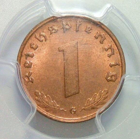 金盾PCGS MS65RB 德国第三帝国1939年G版1芬尼 难得开卷原光