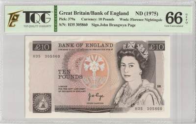 PThappally收藏第42次拍卖，英联邦地区硬币纸币 - 英国 GREAT BRITAIN, Bank of England 1975, 10 Pounds, Sign. J.B. Page, Pick 379a NS # H35 305860, TQG 66 GEPQ Gem UNC