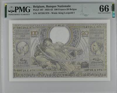 收藏联盟Quantum Auction 第382期拍卖  - 比利时国家银行1933-43年100法郎 PMG66