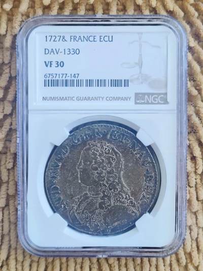 07月11日 世界币章 - 珍稀品：1727年版 法国《路易十五》1埃居 大银币 NGC VF30