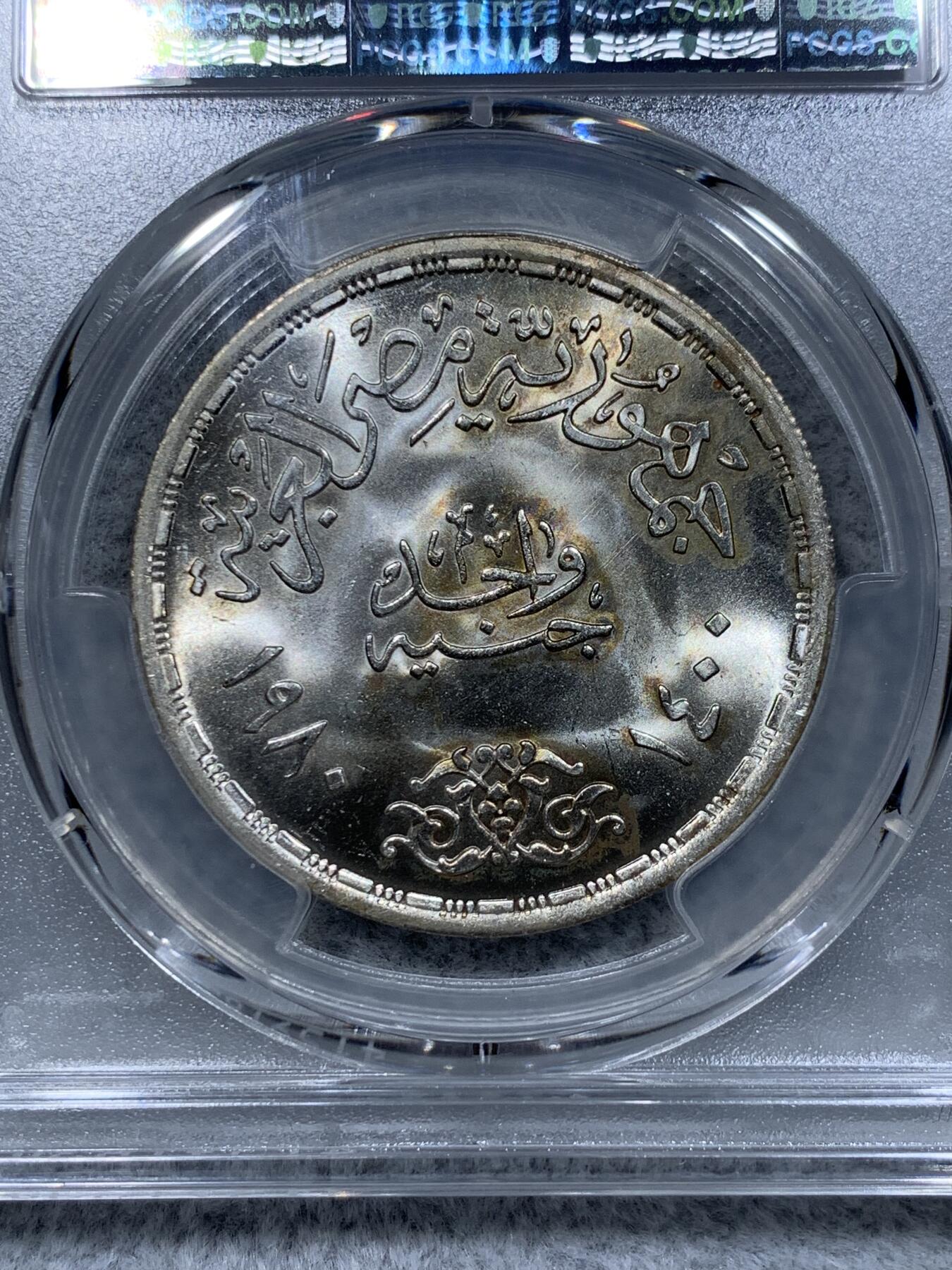 《竞宝斋》第315场 周日，周一，周二  3场连拍 （全场包邮） PCGS MS67 冠军分  AH1400-1980 埃及1镑 开罗大学纪念银币 两面爆光带黄油包浆 银光闪闪 特别漂亮
