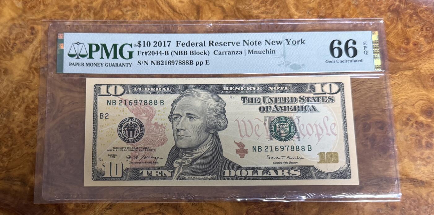 得物收藏 Chase Auction 第32期 - - 外钞、民国钞和人民币混合场！ 2017年美国10元，PMG66，豹子号！