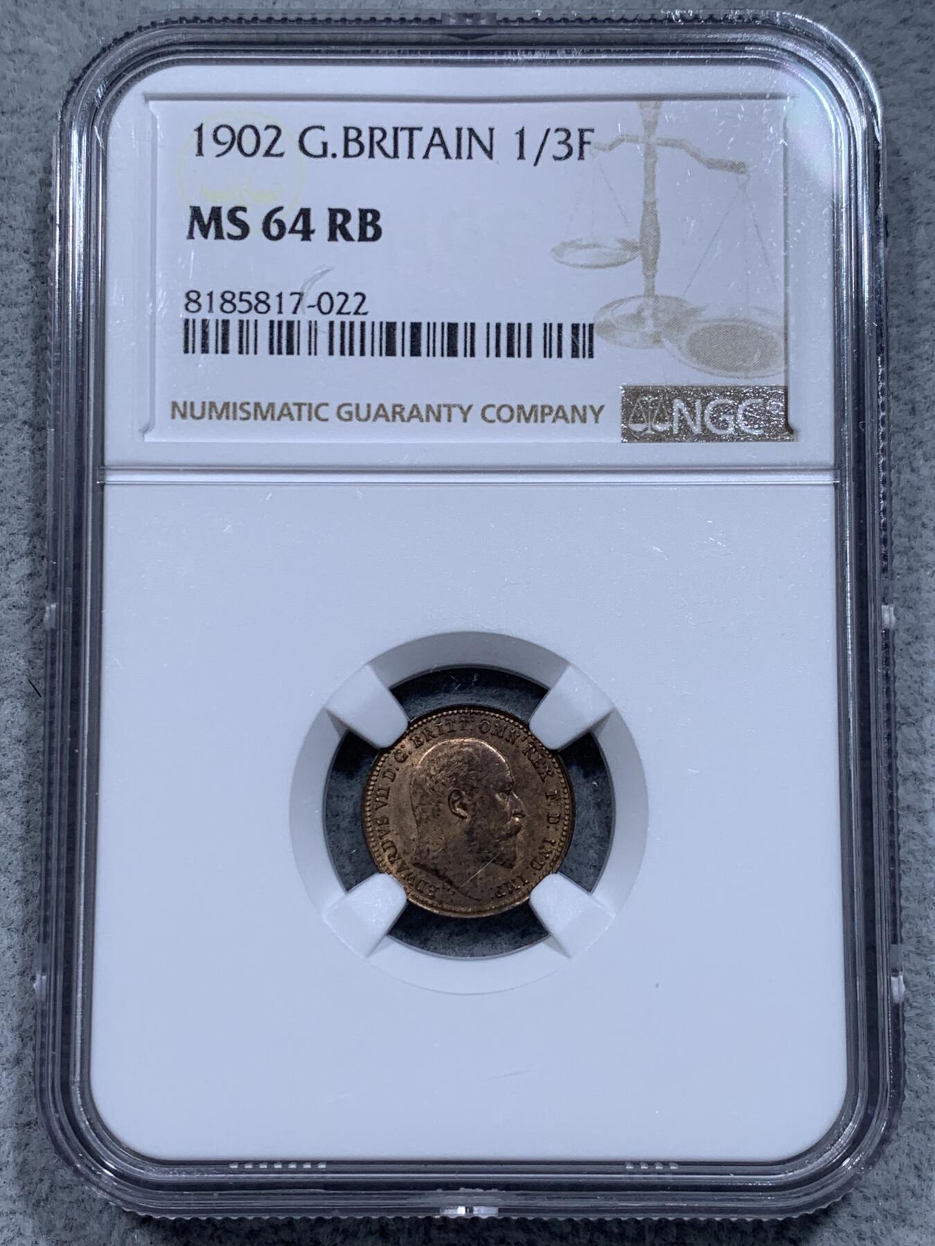 《竞宝斋》第315场 周日，周一，周二  3场连拍 （全场包邮） NGC MS64RB 英国 1902 爱德华七世 1/3法新小铜币 高分品相 细节极佳 胡须及头发清晰可见 最小面值 高分好品较少见