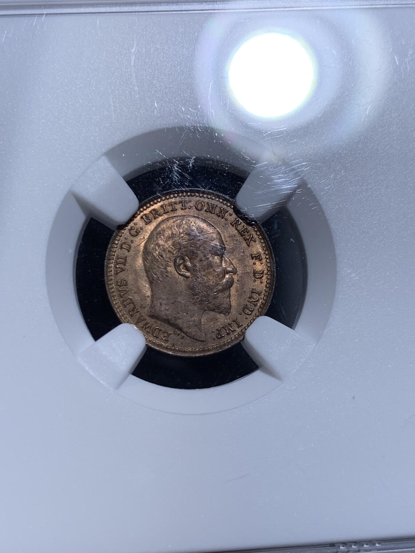 《竞宝斋》第315场 周日，周一，周二  3场连拍 （全场包邮） NGC MS64RB 英国 1902 爱德华七世 1/3法新小铜币 高分品相 细节极佳 胡须及头发清晰可见 最小面值 高分好品较少见